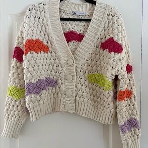 Zara Women's Cream Knit Cardigan with Colorful Accents